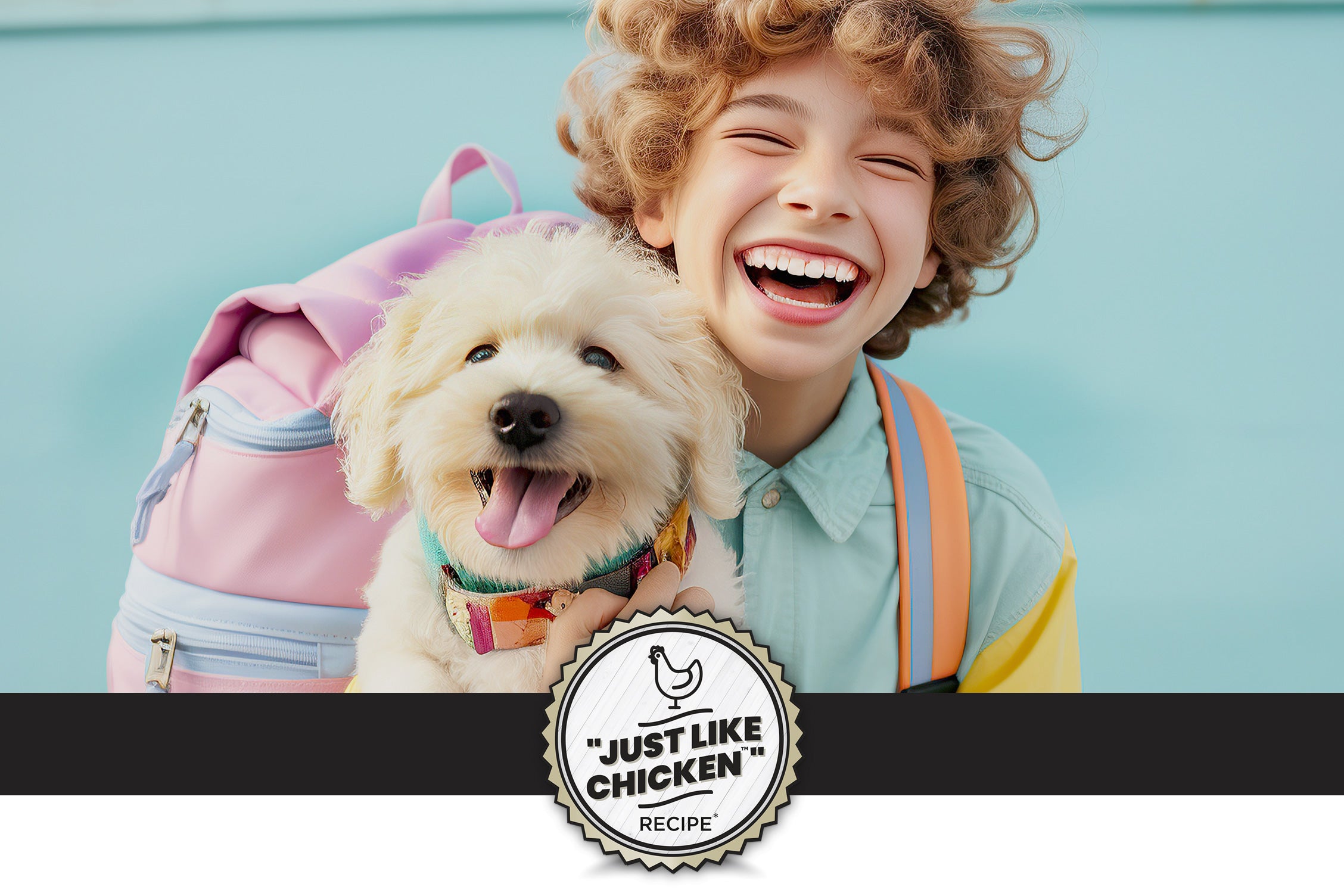 A cheerful child with curly hair smiles widely while holding a fluffy white puppy. They are in front of a light blue background, with a pastel pink backpack partially visible. The image promotes "Sustainable Complete Protein," highlighting that the primary source of protein is a dry yeast containing nutrients and amino acids found in animal proteins.