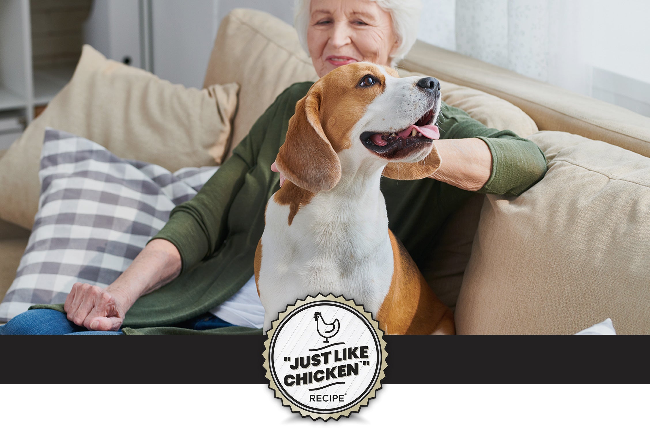 An elderly woman with gray hair sits comfortably on a couch, smiling as she pets a beagle dog. The image promotes a sustainable protein product, featuring text that emphasizes the protein source is a dry yeast containing nutrients found in animal proteins, specifically mentioning chicken. A "Just Like Chicken" recipe badge is also visible.