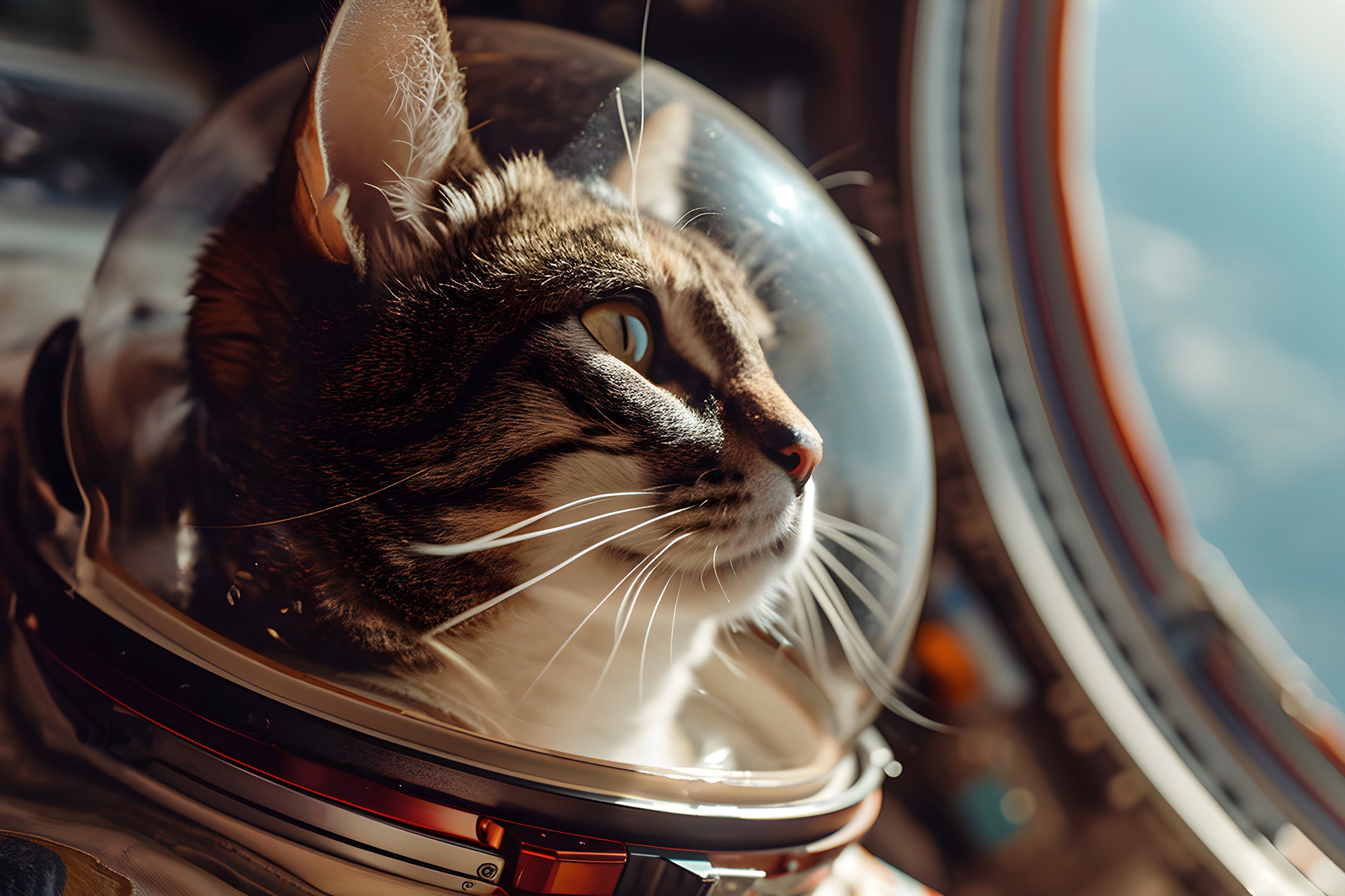 A tabby cat wearing a clear space helmet looks out of a spacecraft window. Its fur is illuminated by soft lighting, highlighting the helmet's reflective visor. Outside the window, blue and white hues suggest a view of Earth, creating a whimsical juxtaposition of a domestic animal in an astronaut setting.
