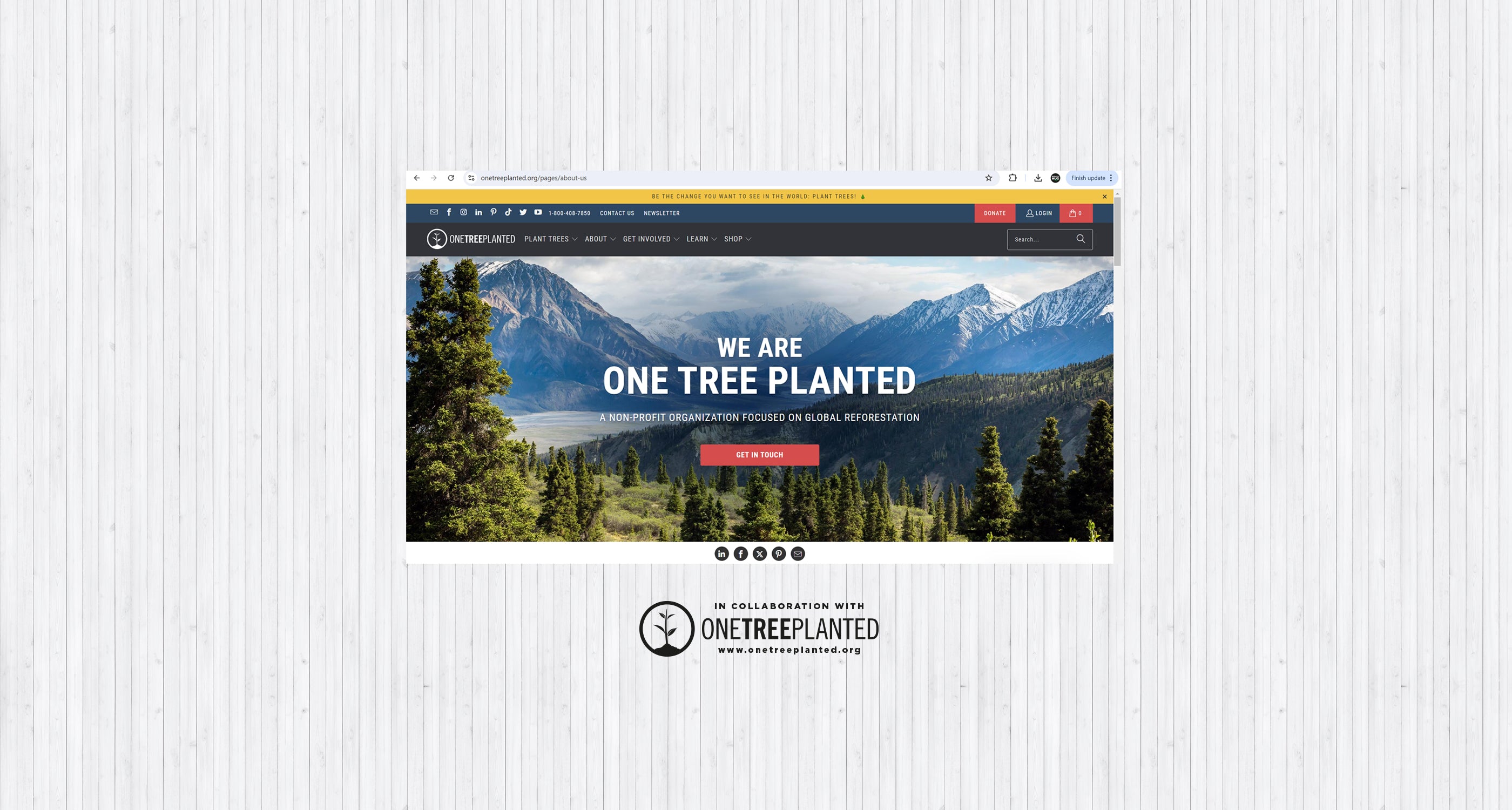 The image showcases the website banner for "One Tree Planted." It features a scenic background of mountains and trees, with the main title “WE ARE ONE TREE PLANTED” prominently displayed in white text. Below the title, a brief message highlights the mission of making tree planting simple to help the environment. It emphasizes restoring forests and creating habitats for biodiversity. There’s a call-to-action button labeled “GET INVOLVED,” encouraging user engagement.