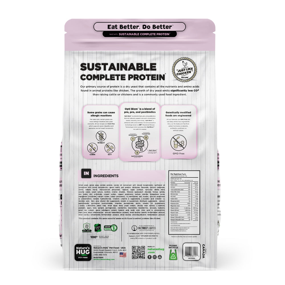 Back view of a Nature's Hug Kitten, Nutrients for Growth Formula Cat Food bag. The package features the 'Sustainable Complete Protein' label with a green header and the slogan 'Eat Better. Do Better.' Icons highlight the plant-based, non-GMO protein source. Additional details include allergen information, nutrients, and the claim of being similar to chicken. The back lists ingredients and nutritional facts.