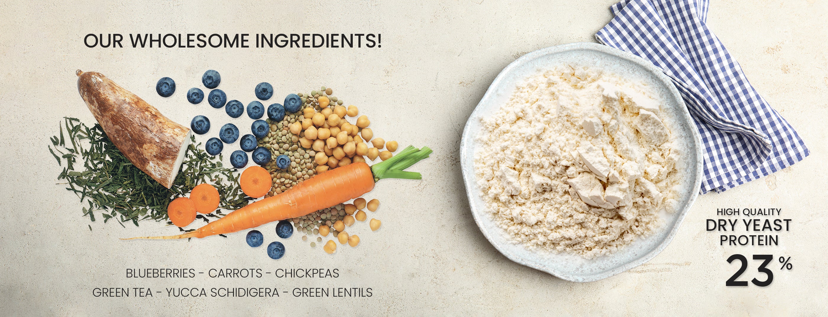 A bowl of high-quality dry yeast protein (23%) is on a textured surface, accompanied by a colorful arrangement of wholesome ingredients, including blueberries, carrots, chickpeas, green tea, yucca schidigera, and green lentils. The text "OUR WHOLESOME INGREDIENTS!" is prominently displayed at the bottom.