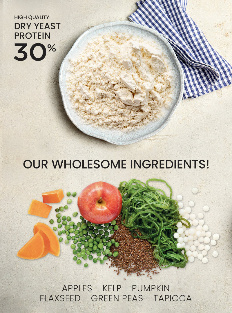 A bowl of high-quality dry yeast protein (30%) is on a textured surface, accompanied by a colorful arrangement of wholesome ingredients, including blueberries, carrots, chickpeas, green tea, yucca schidigera, and green lentils. The text "OUR WHOLESOME INGREDIENTS!" is prominently displayed at the bottom.
