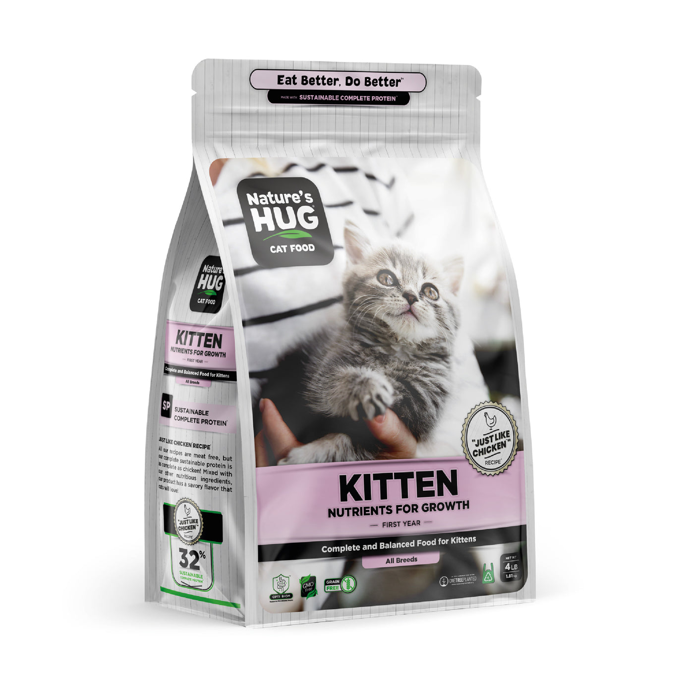 A package of Kitten, Nutrients for Growth Formula Cat Food "Nature's Hug" bag stands upright, showcasing a tabby cat being petted by a person. The label reads "Nutrients for Growth," emphasizing complete nutrition for kittens.