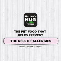 A promotional image for Nature's Hug pet food highlighting its hypoallergenic qualities. The text states, "The pet food that helps prevent the risk of allergies." The logo appears at the top, along with a claim about preventing allergies.