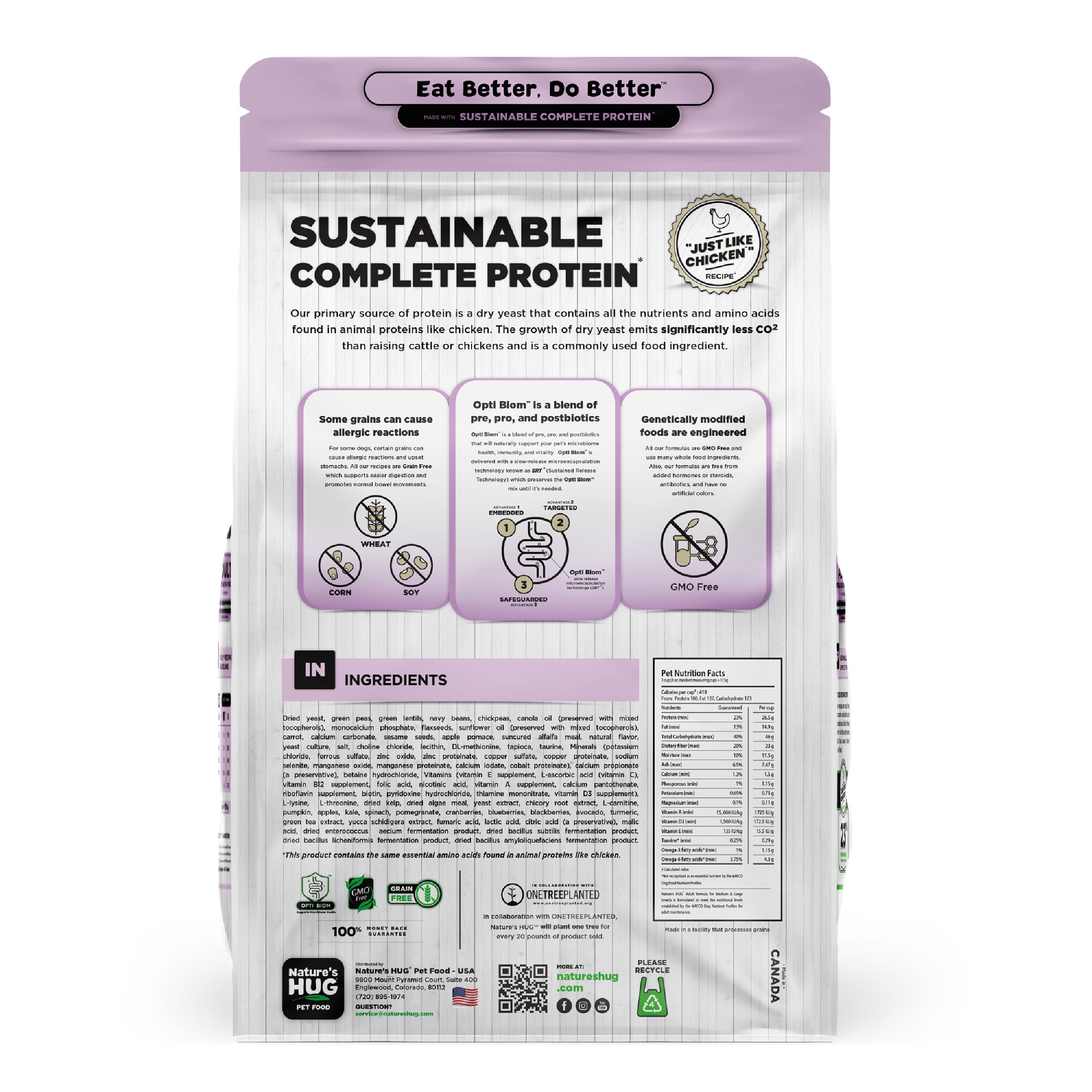 Back view of a Nature's Hug Adult, Overall Health & Wellness Formula Dog Food for Medium & Large Breeds bag. The package features the 'Sustainable Complete Protein' label with a green header and the slogan 'Eat Better. Do Better.' Icons highlight the plant-based, non-GMO protein source. Additional details include allergen information, nutrients, and the claim of being similar to chicken. The back lists ingredients and nutritional facts.