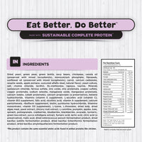 The image displays the label of a pet food product titled "Eat Better, Do Better," which emphasizes sustainable, complete protein. Below the title, there is a list of ingredients for the Adult, Overall Health & Wellness Formula Dog Food for Medium & Large Breeds. On the side, there's a box detailing the pet nutrition facts, including calorie content and percentages of protein, fat, and carbohydrates.