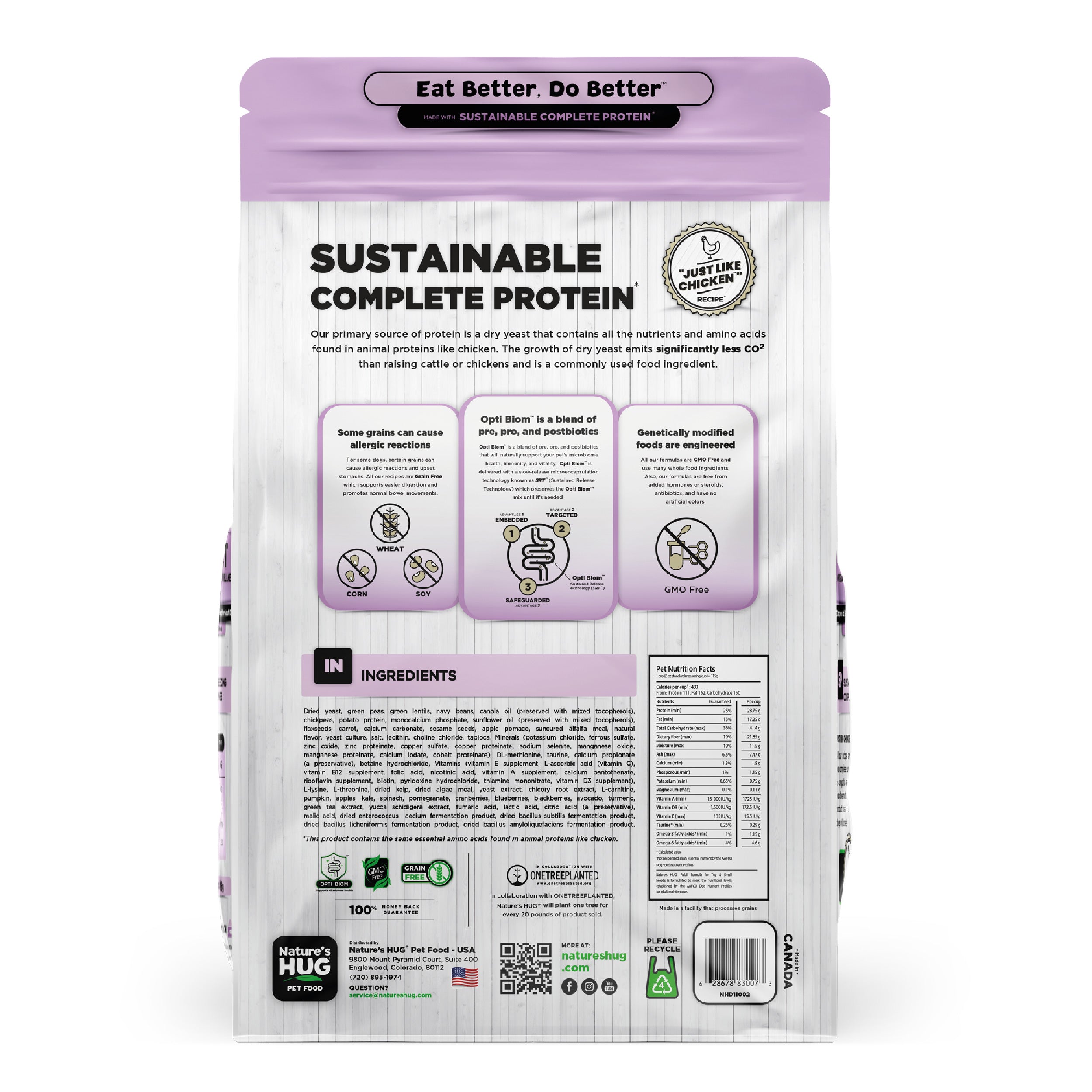 Back view of a Nature's Hug Adult, Overall Health & Wellness Formula Dog Food for Toy & Small Breeds bag. The package features the 'Sustainable Complete Protein' label with a green header and the slogan 'Eat Better. Do Better.' Icons highlight the plant-based, non-GMO protein source. Additional details include allergen information, nutrients, and the claim of being similar to chicken. The back lists ingredients and nutritional facts.