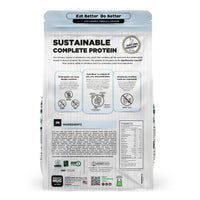 Back view of a Nature's Hug Puppy, Nutrients for Growth Formula Dog Food for Medium & Large Breeds bag. The package features the 'Sustainable Complete Protein' label with a green header and the slogan 'Eat Better. Do Better.' Icons highlight the plant-based, non-GMO protein source. Additional details include allergen information, nutrients, and the claim of being similar to chicken. The back lists ingredients and nutritional facts.