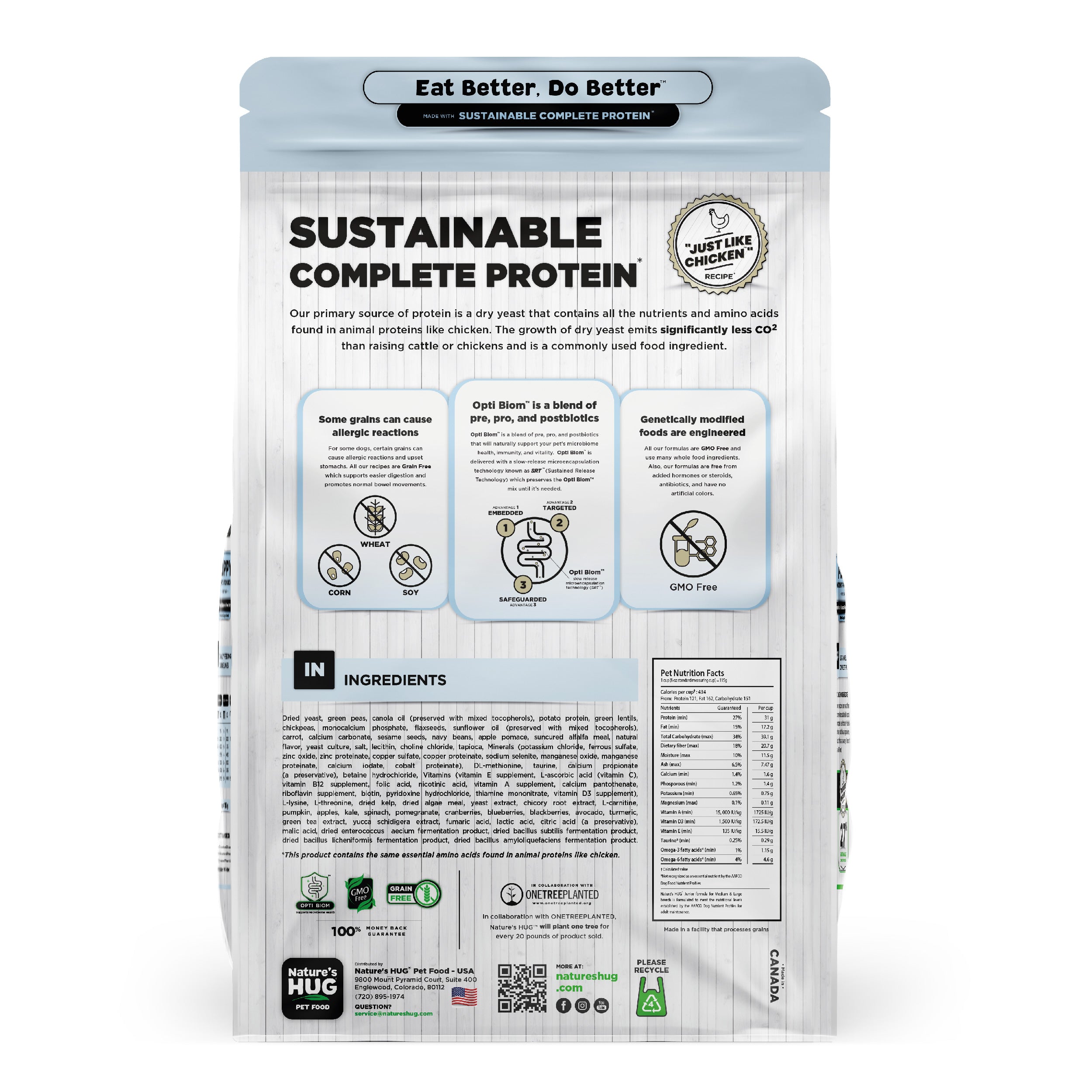 Back view of a Nature's Hug Puppy, Nutrients for Growth Formula Dog Food for Medium & Large Breeds bag. The package features the 'Sustainable Complete Protein' label with a green header and the slogan 'Eat Better. Do Better.' Icons highlight the plant-based, non-GMO protein source. Additional details include allergen information, nutrients, and the claim of being similar to chicken. The back lists ingredients and nutritional facts.