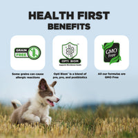 A playful dog is running in a grassy field. The image features three promotional icons for pet food benefits: "Grain Free" indicates that some grains can cause allergic reactions; "Opti Biom" describes a blend of pre-, pro-, and postbiotics that support microbiome health; and "GMO Free" emphasizes that all formulas are free from genetically modified organisms.