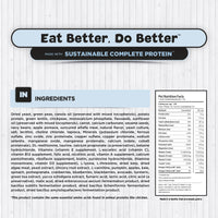 The image displays the label of a pet food product titled "Eat Better, Do Better," which emphasizes sustainable, complete protein. Below the title, there is a list of ingredients for the Puppy, Nutrients for Growth Formula Dog Food for Medium & Large Breeds. On the side, there's a box detailing the pet nutrition facts, including calorie content and percentages of protein, fat, and carbohydrates.