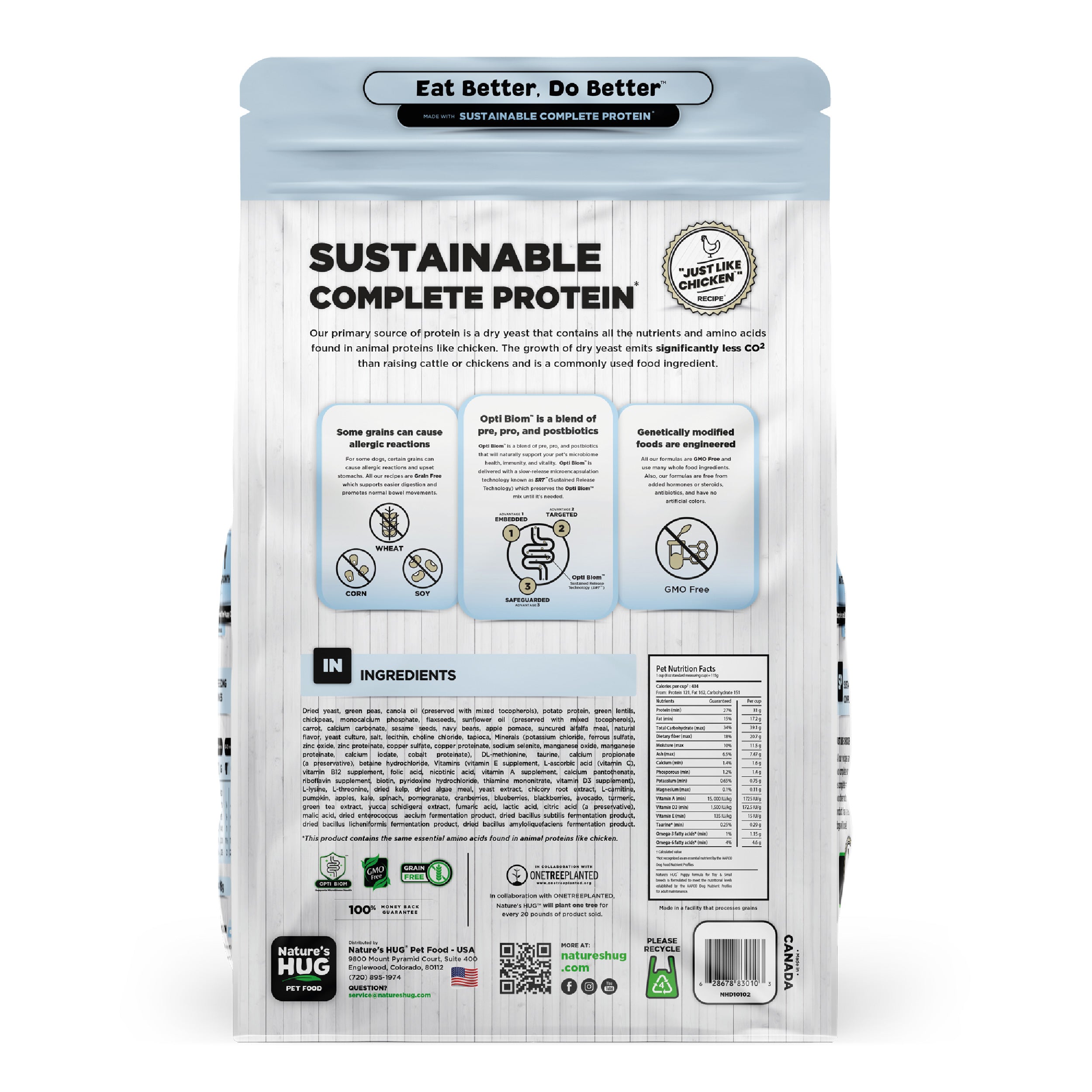 Back view of a Nature's Hug Puppy, Nutrients for Growth Formula Dog Food for Toy & Small Breeds  Food bag. The package features the 'Sustainable Complete Protein' label with a green header and the slogan 'Eat Better. Do Better.' Icons highlight the plant-based, non-GMO protein source. Additional details include allergen information, nutrients, and the claim of being similar to chicken. The back lists ingredients and nutritional facts.