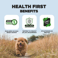 A fluffy golden puppy happily runs along a dirt path flanked by grass. Above the puppy, the text "HEALTH FIRST BENEFITS" is prominently displayed. To the left, a graphic states "GRAIN FREE" with an explanation that some grains can cause allergic reactions. The center graphic features "OPTI BIOM" and notes it supports microbiome health. The right graphic states "GMO Free," indicating that all formulas are free from genetically modified organisms.