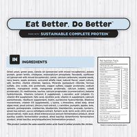 The image displays the label of a pet food product titled "Eat Better, Do Better," which emphasizes sustainable, complete protein. Below the title, there is a list of ingredients for the Puppy, Nutrients for Growth Formula Dog Food for Toy & Small Breeds . On the side, there's a box detailing the pet nutrition facts, including calorie content and percentages of protein, fat, and carbohydrates.