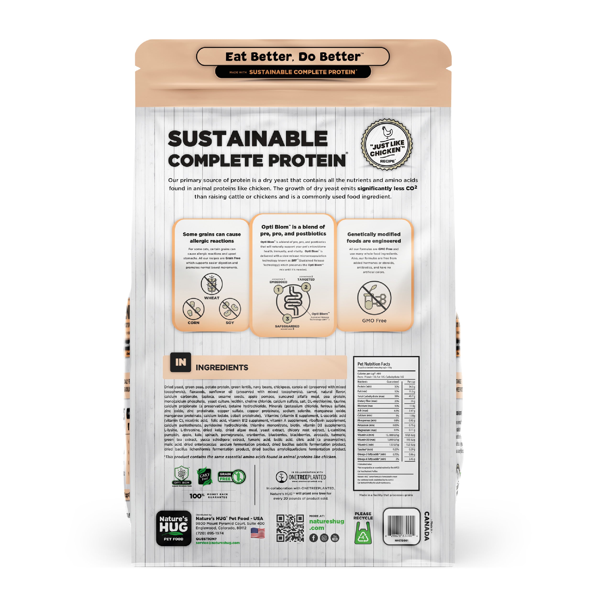 Back view of a Nature's Hug Senior, Supports Vitality Formula Cat Food bag. The package features the 'Sustainable Complete Protein' label with a green header and the slogan 'Eat Better. Do Better.' Icons highlight the plant-based, non-GMO protein source. Additional details include allergen information, nutrients, and the claim of being similar to chicken. The back lists ingredients and nutritional facts.