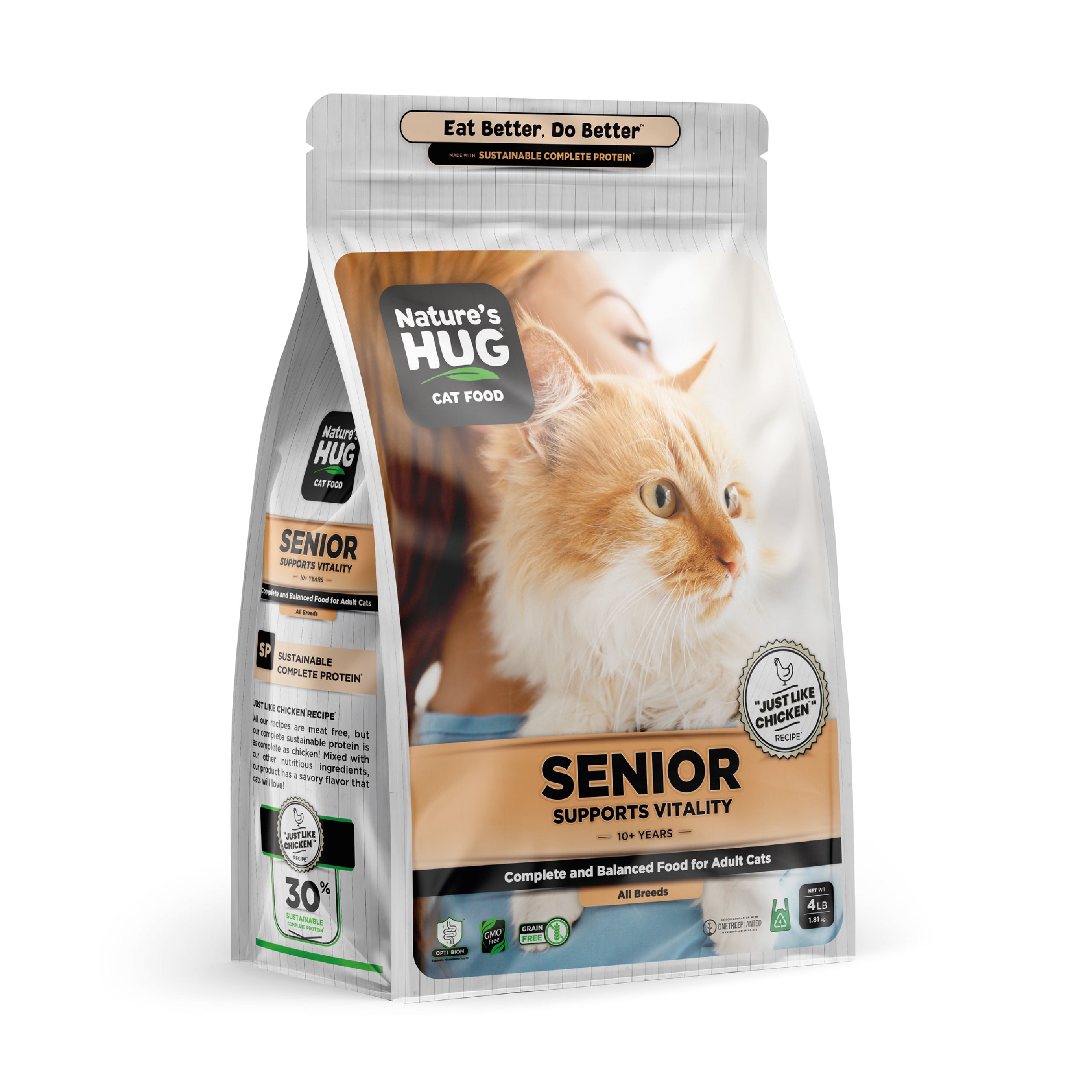 A bag of Senior, Supports Vitality Formula Cat Food "Nature's Hug", suitable for those aged 10 years and older. The packaging highlights the phrase "Supports Vitality" and features a close-up image of a ginger cat looking to the side. The bag mentions "Complete and Balanced Food for Adult Cats" and emphasizes sustainable, complete protein sourced from chicken.