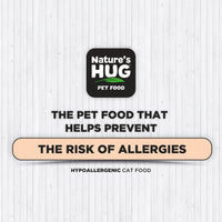 A promotional image for Nature's Hug pet food highlighting its hypoallergenic qualities. The text states, "The pet food that helps prevent the risk of allergies." The logo appears at the top, along with a claim about preventing allergies.