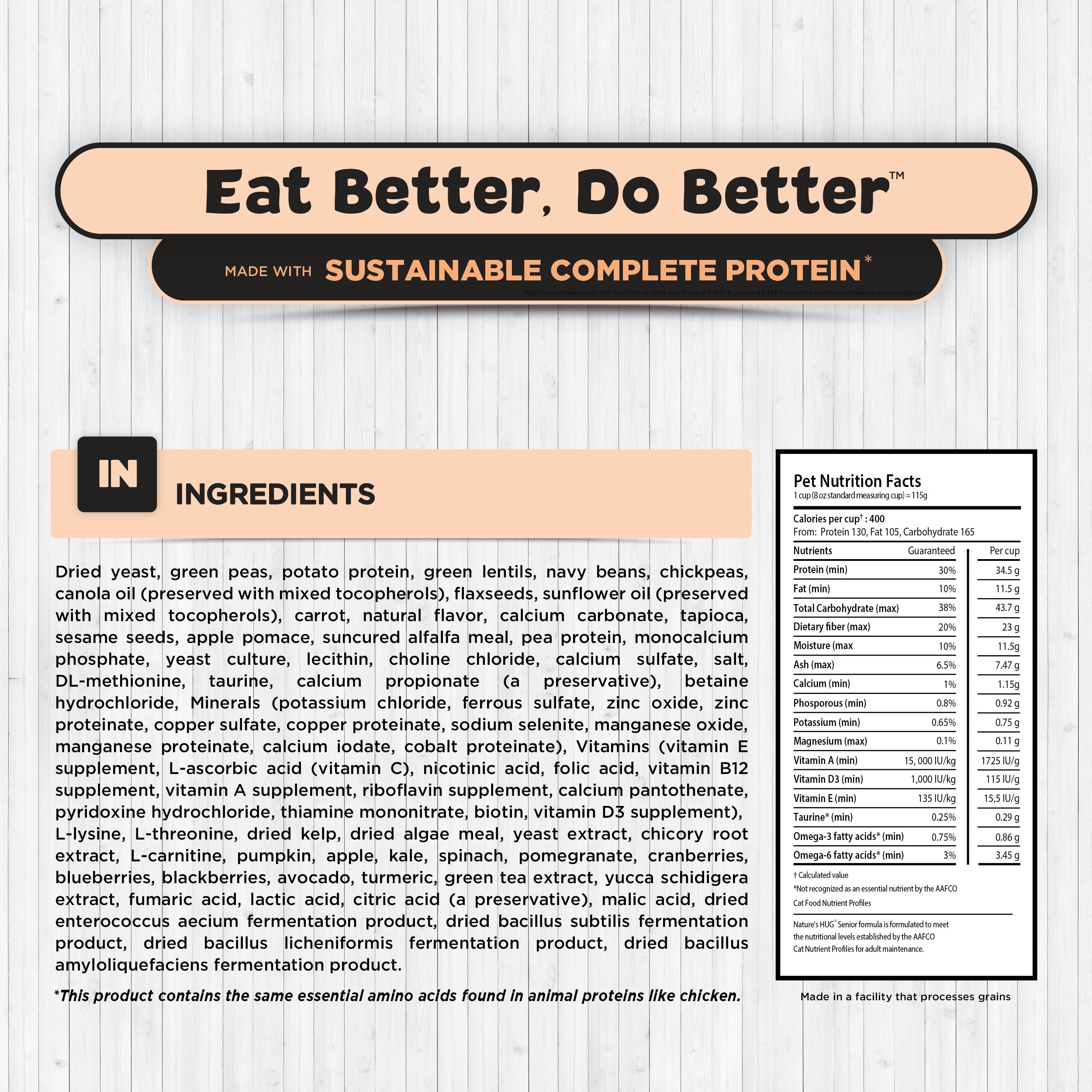 The image displays the label of a pet food product titled "Eat Better, Do Better," which emphasizes sustainable, complete protein. Below the title, there is a list of ingredients for the Senior, Supports Vitality Formula Cat Food. On the side, there's a box detailing the pet nutrition facts, including calorie content and percentages of protein, fat, and carbohydrates.