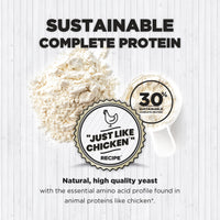 The image features a protein powder product labeled "Sustainable Complete Protein." A close-up of the powder is shown alongside a measuring scoop. The label notes that the product contains "30% Sustainable Complete Protein" and emphasizes that it is made from natural, high-quality yeast, offering an amino acid profile similar to that of animal proteins.