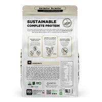 Back view of a Nature's Hug Senior, Supports Vitality Formula Dog Food for Medium & Large Breeds bag. The package features the 'Sustainable Complete Protein' label with a green header and the slogan 'Eat Better. Do Better.' Icons highlight the plant-based, non-GMO protein source. Additional details include allergen information, nutrients, and the claim of being similar to chicken. The back lists ingredients and nutritional facts.