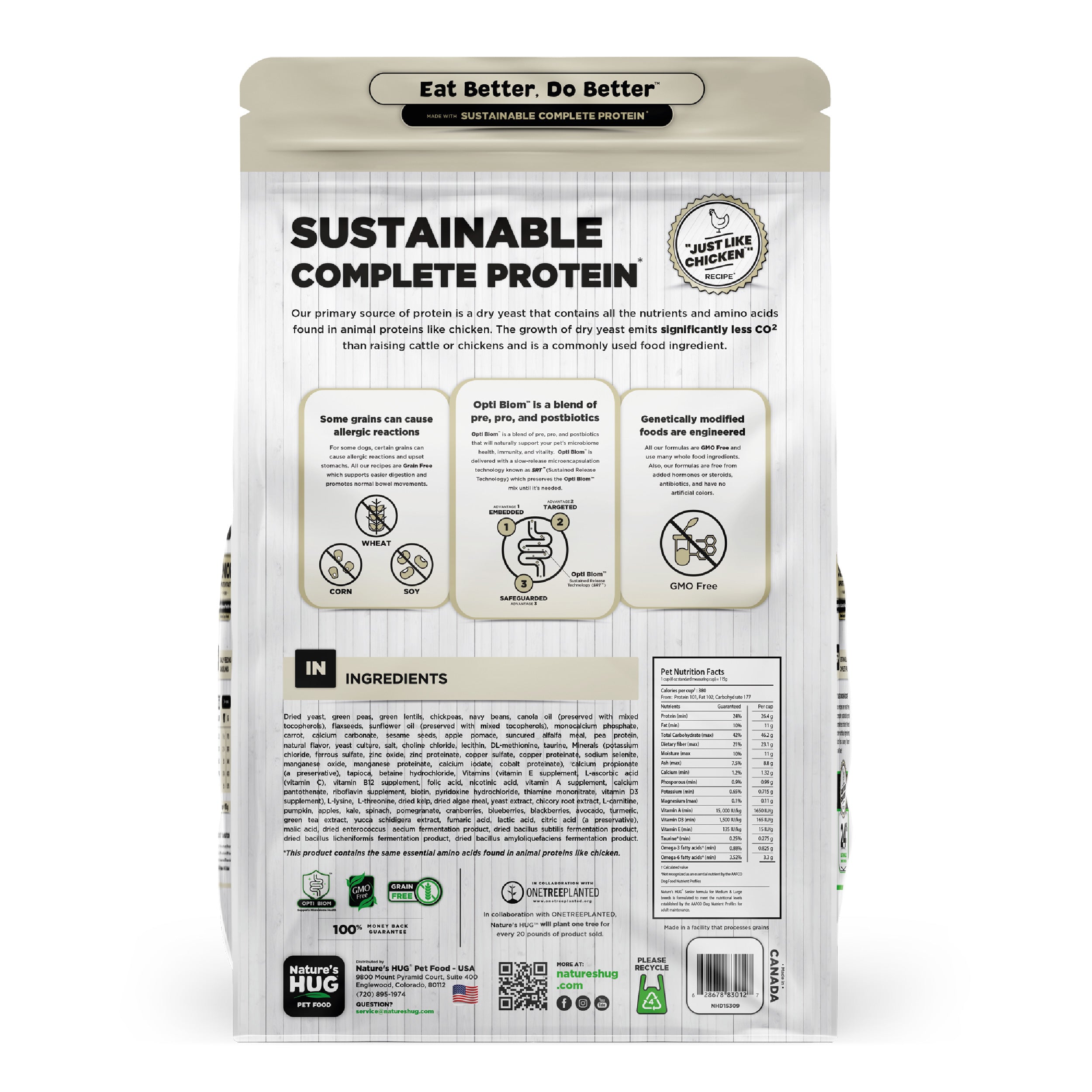 Back view of a Nature's Hug Senior, Supports Vitality Formula Dog Food for Medium & Large Breeds bag. The package features the 'Sustainable Complete Protein' label with a green header and the slogan 'Eat Better. Do Better.' Icons highlight the plant-based, non-GMO protein source. Additional details include allergen information, nutrients, and the claim of being similar to chicken. The back lists ingredients and nutritional facts.