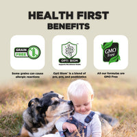 The image promotes health benefits including 'Grain Free,' 'Opti Biom,' which supports microbiome health, and 'GMO Free.' It features a child cuddling a dog in a natural setting, conveying warmth and companionship. Each benefit has an accompanying explanatory text, emphasizing the product's advantages.