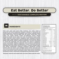 The image displays the label of a pet food product titled "Eat Better, Do Better," which emphasizes sustainable, complete protein. Below the title, there is a list of ingredients for the Senior, Supports Vitality Formula Dog Food for Medium & Large Breeds. On the side, there's a box detailing the pet nutrition facts, including calorie content and percentages of protein, fat, and carbohydrates.